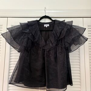 CROSBY by Mollie Burch Sheer Black Ruffled Blouse